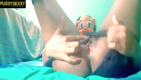 Cute brunette teen in stockings shows off her pussy