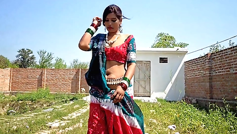 Indian girl in sexy dress and sexy clothes in yard
