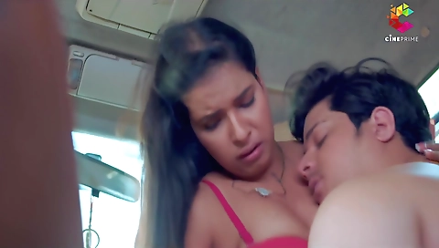 Brunette with big tits and long legs doing blowjob