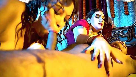 Busty brunette enjoys a hot threesome with horny studs