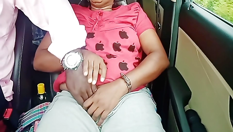 Indian brunette riding her boyfriend's cock on car