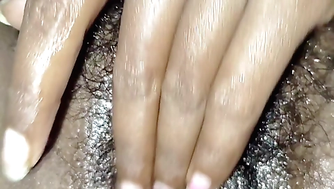 Indian teen with hairy pussy masturbates with dildo