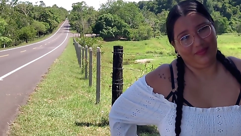 Big ass brunette is getting fucked outdoors on a road