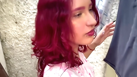 Hot redhead is in the yard and you see her deepthroat