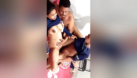 Indian brunette and man in a threeway in the kitchen